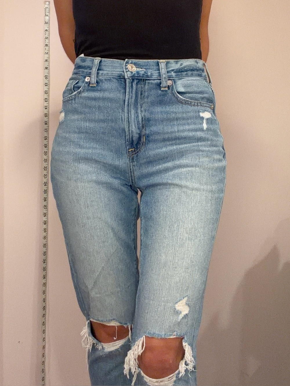American Eagle Outfitters High-Rise Distressed Jeans in Light Blue